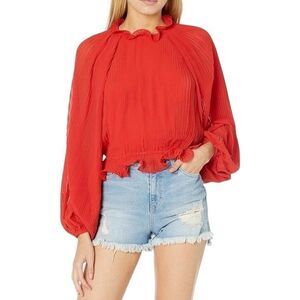 C/Meo The Longevity Long Sleeve Pleated Ruffle Blouse in Cherry
